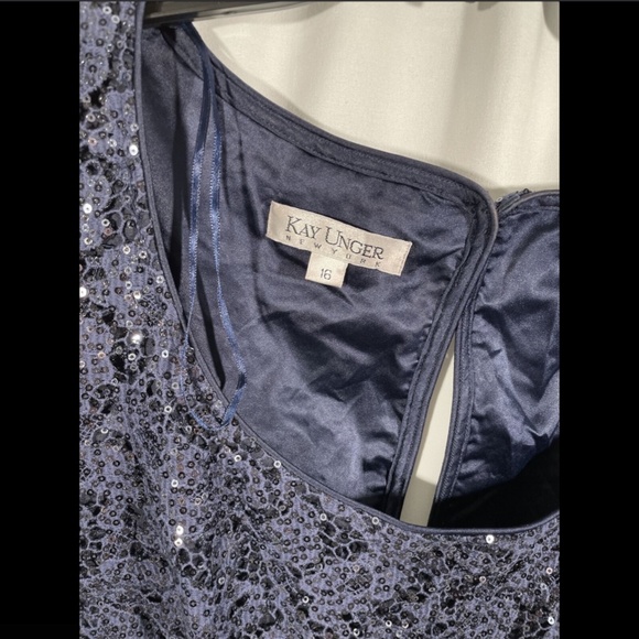 NWD Kay Unger Sequin Lace & Silk Chiffon Gown Navy‎ - Picture 5 of 12